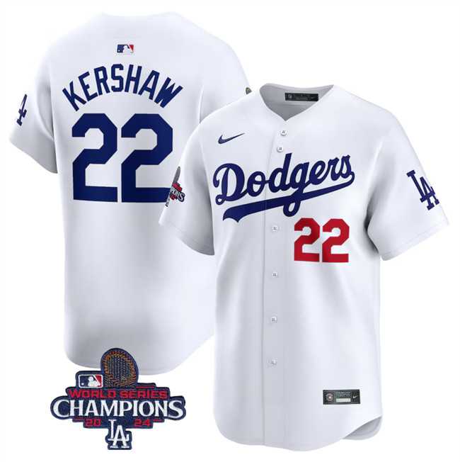 Men%27s Los Angeles Dodgers #22 Clayton Kershaw White 2024 World Series Champions Home Limited Stitched Baseball Jersey